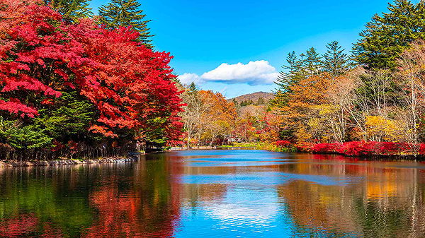 Autumn colors reflecting on Karuizawa Lake, Japan