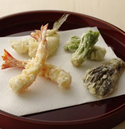 A serving of tempura shrimp and vegetables at Tempura Kondo.