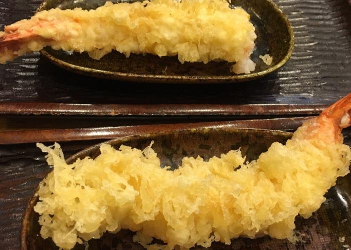 Two crispy pieces of shrimp tempura from Maruka Udon
