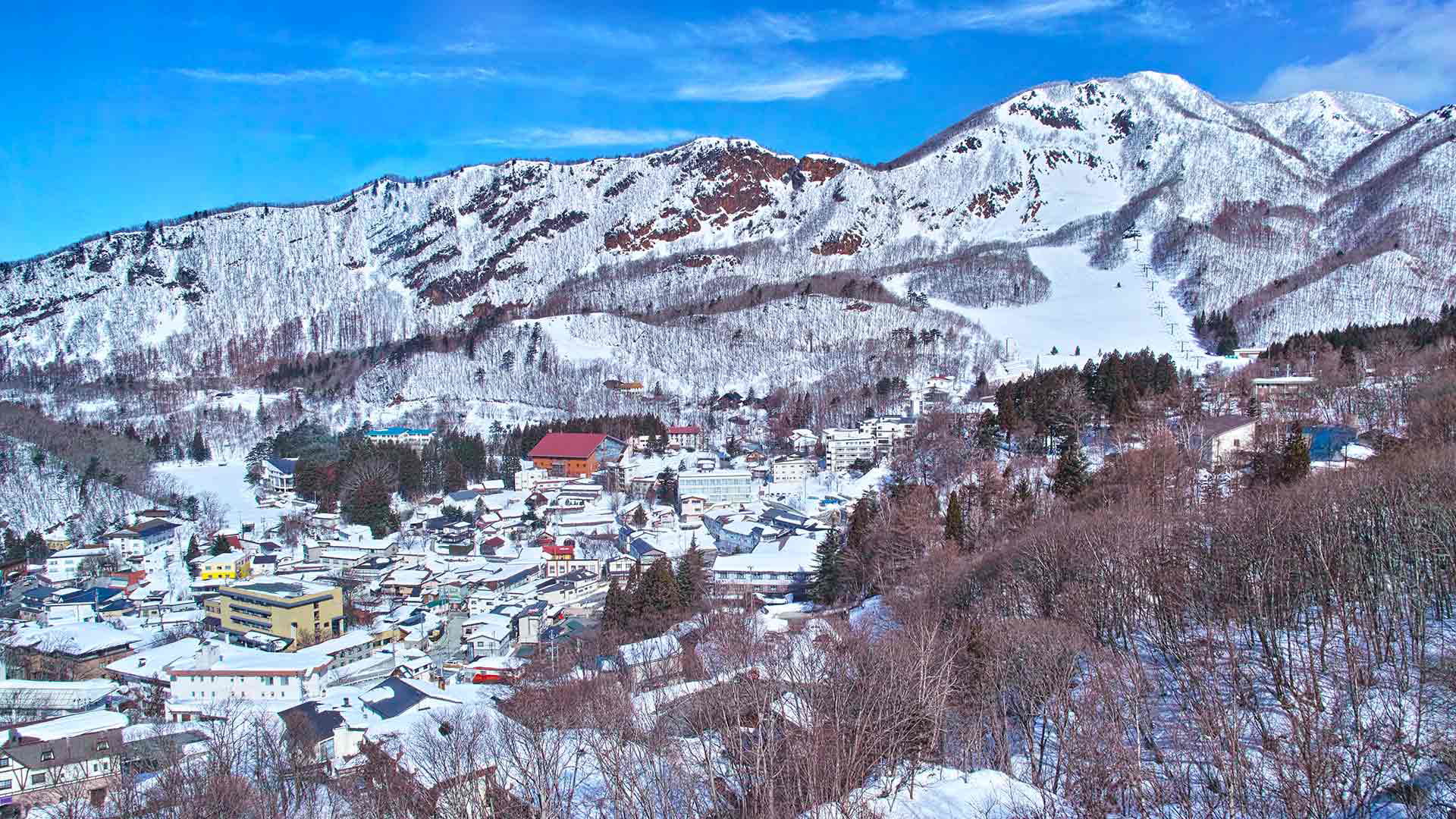 Snowy Hakuba Valley village with mountain backdrop