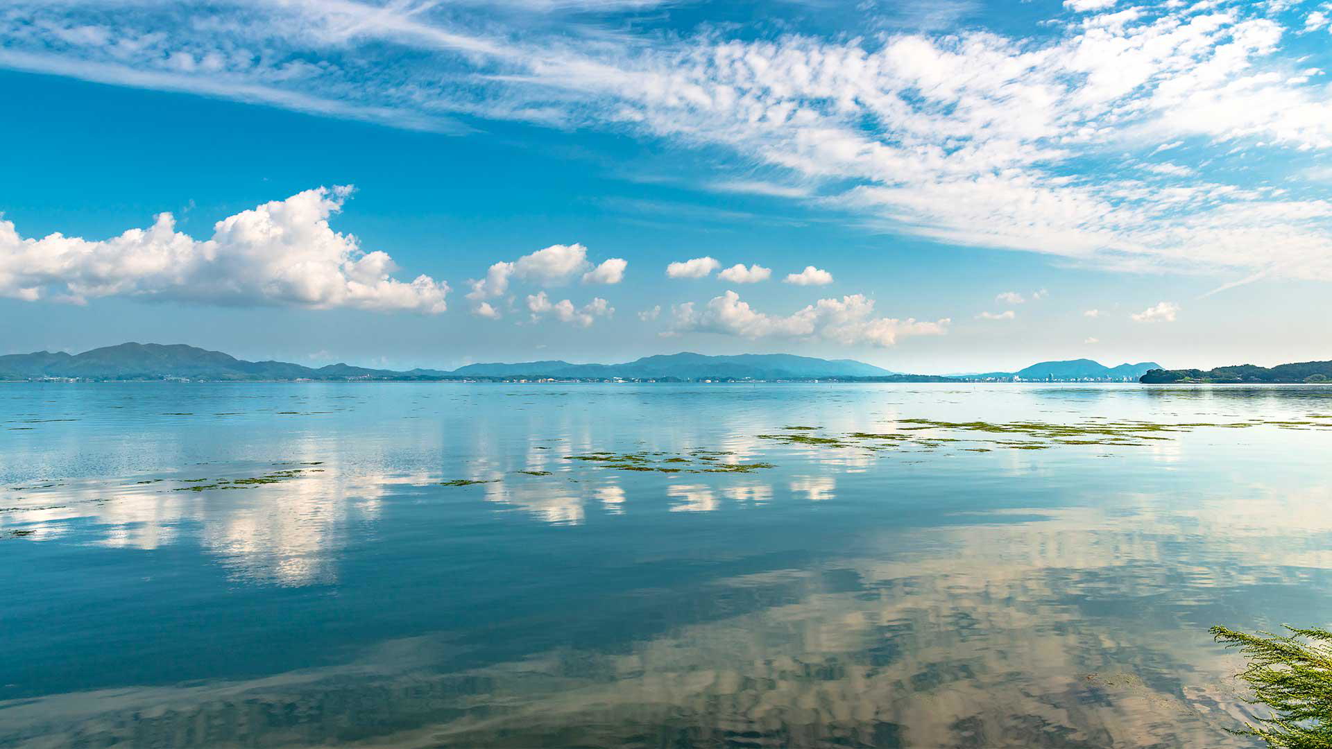 Serene lake view with mountains and clouds reflecting in the water