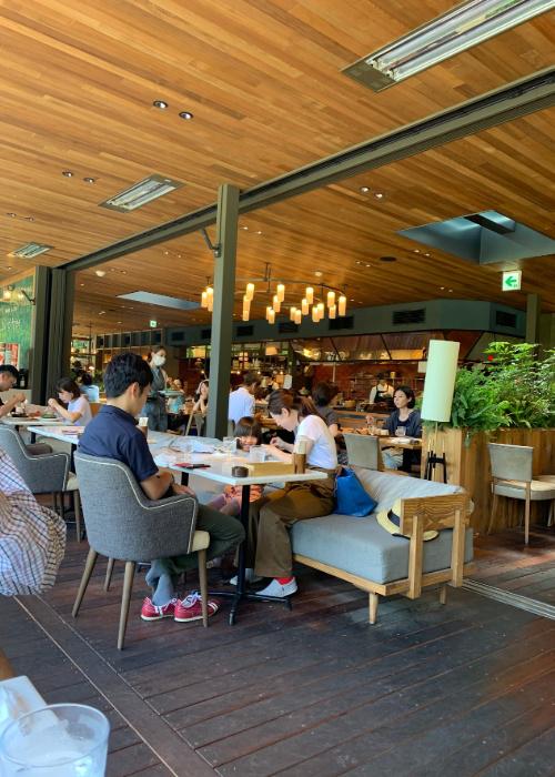 Outdoor seating area on the terrace at an Osaka cafe, "PARK in CAFE bird tree"