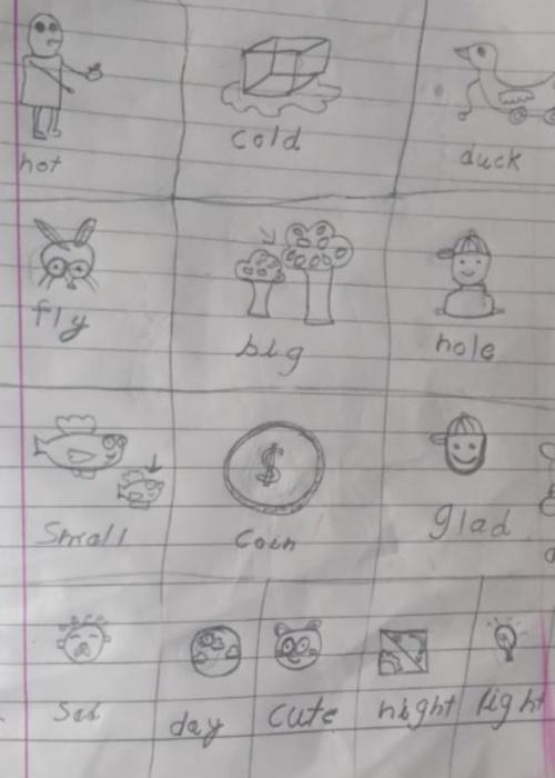 Picture of a child's school assingment, labeling different pictures like "fly" and "big"