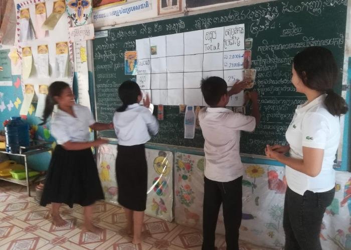 Cambodian students at the front of the classroom during a workshop by NGO Nom Popok