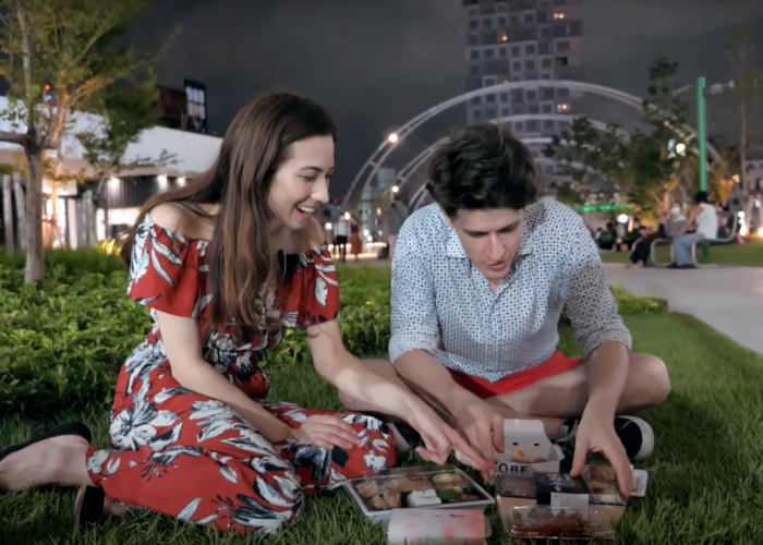 Shizuka Anderson and Kyle Card have a picnic at Miyashita Park, a Tokyo rooftop park