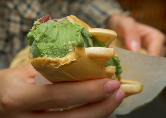 Close-up of a matcha ice cream sandwich from Tsukiji Fish Market