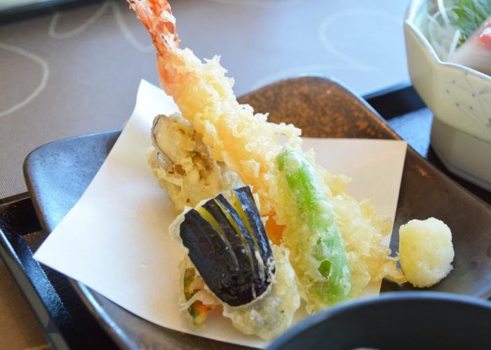 dish of tempura including shrimp and eggplant