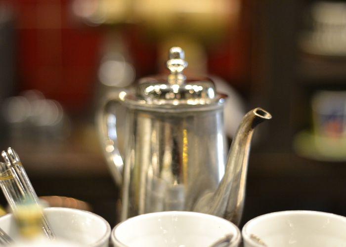 Three cups and a silver kettle from Satei Hato (Chatei Hato) in Shibuya