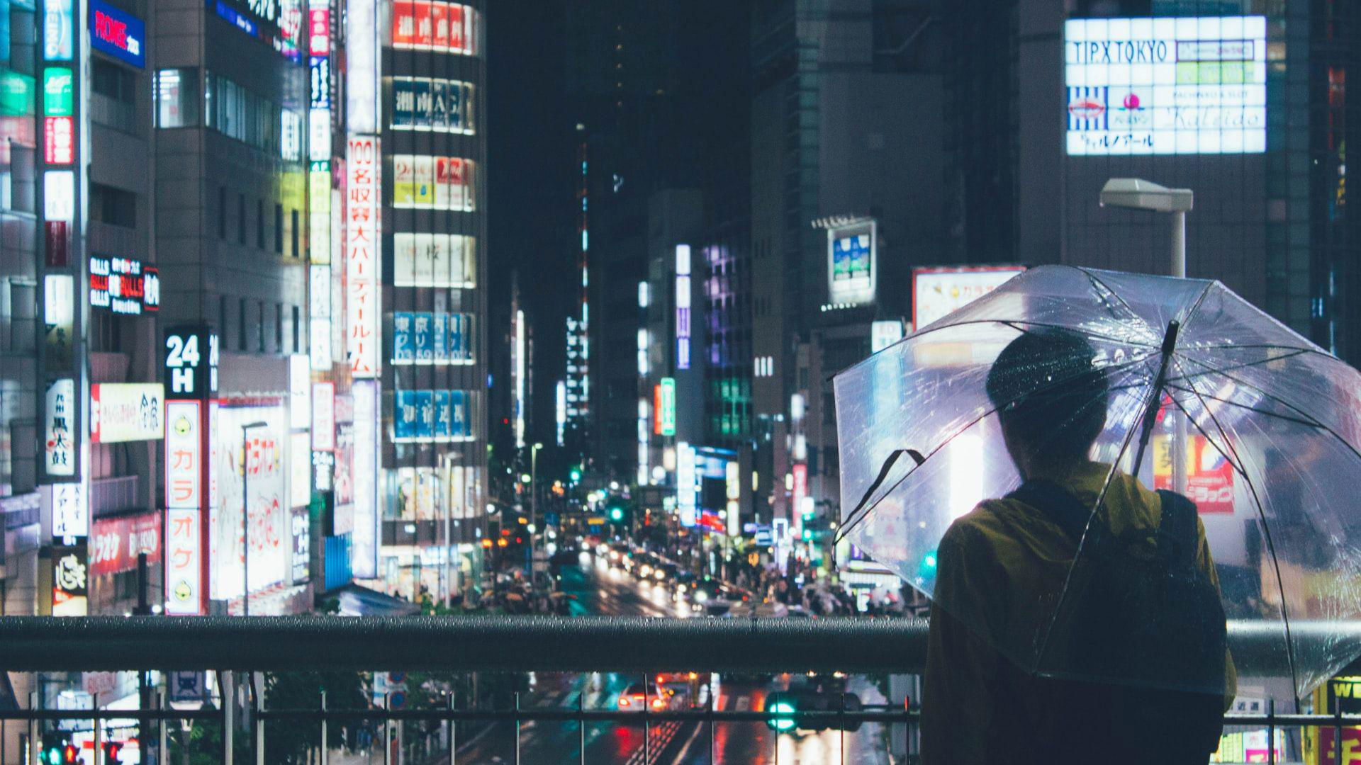 Person with umbrella overlooking neon-lit cityscape at night