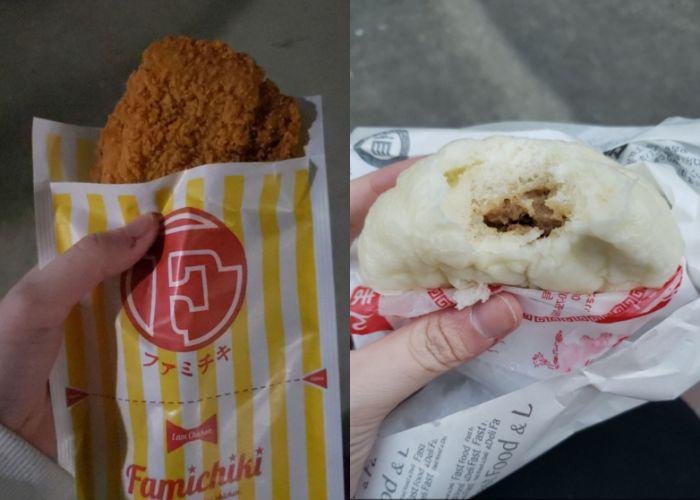 Left: Hand holding yellow striped paper package with fried chicken inside. Right: Hand holding white meat bun with meat filling visible.