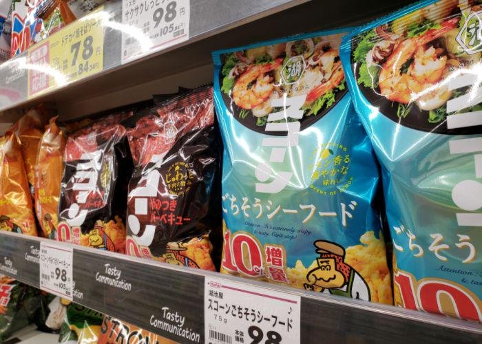 Packages of seafood and barbeque Sucorn on grocery shelves