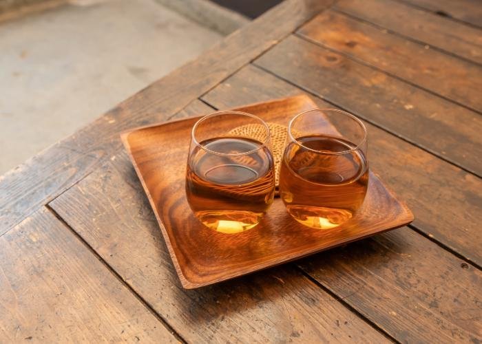 Two glass cups of chilled mugicha tea