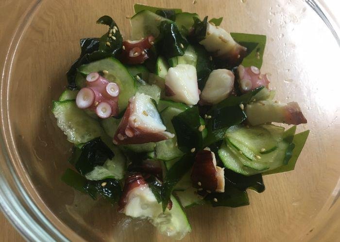 Finished takosu (octopus salad) in a bowl