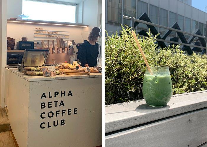 Alpha Beta Coffee Club interior and a matcha drink