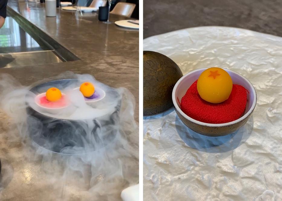 Images of first course, orange lobster ball with dry ice