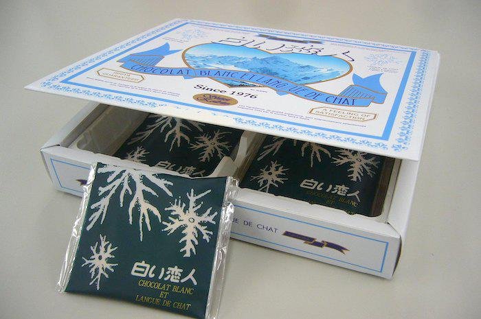 Shiroi Koibito Cookies in a box with one cookie at the front