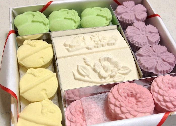 Wasanbon traditional Japanese dry wagashi sweets in a box with different biscuits from Kagawa