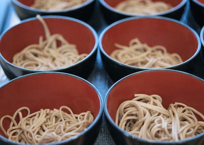 Wanko Soba, several small bowls of soba lined up on a tray, an Iwate prefecture culinary challenge to see how much soba you can eat