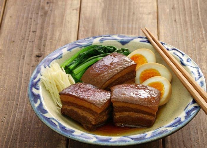 Bowl of Rafute, thick chunks of braised pork, an Okinawan specialty