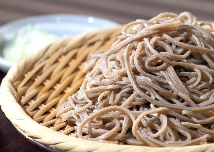 Soba noodles on a bamboo tray