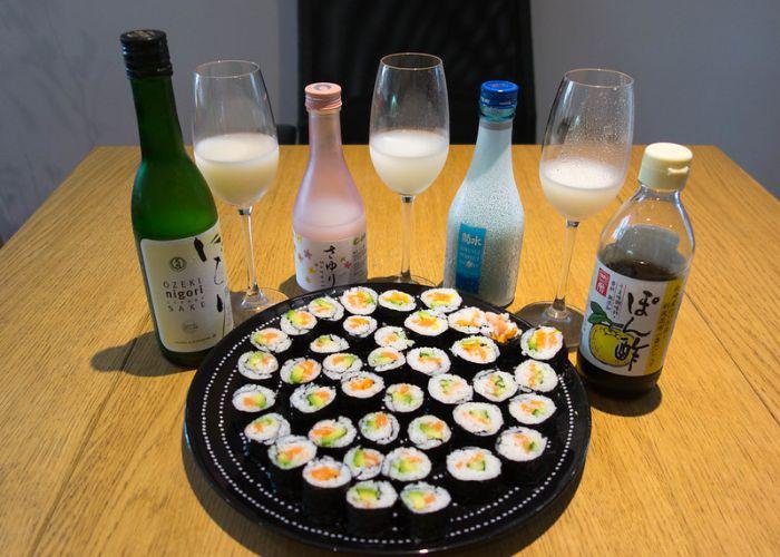 Nigori Sake and Sushi plate