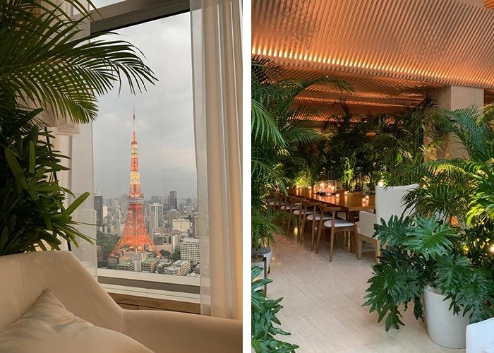 Window view of Tokyo Tower and Interior shot of botanicals and seating areas