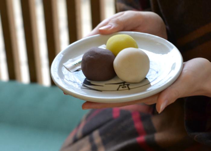 Tri-colored balls of dango at Kototoi Dango, a wagashi shop in Tokyo