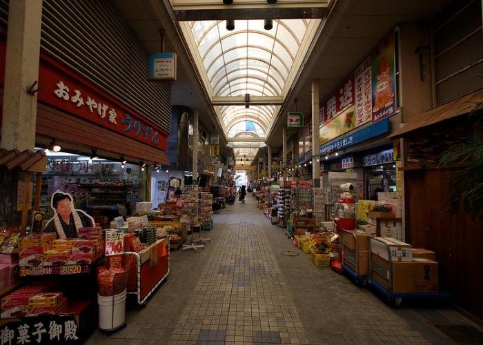 Shot of the shopping street, Ishigaki City Public Market, lined with shops
