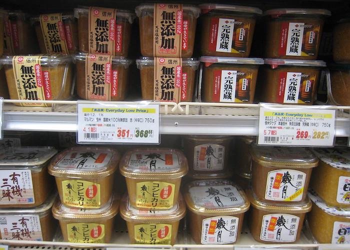 Miso paste on a shelf in a Japanese supermarket