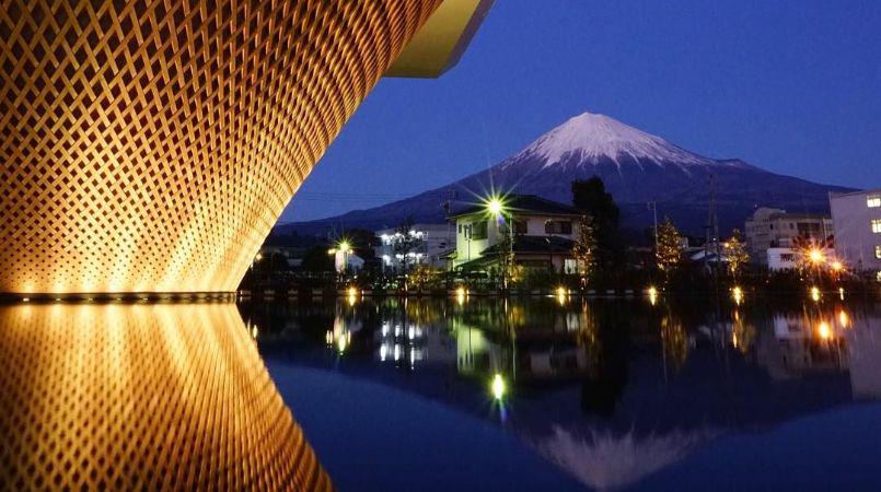 Looking up at Mt. Fuji from Shizuoka on this Mt. Fuji and bullet train experience.