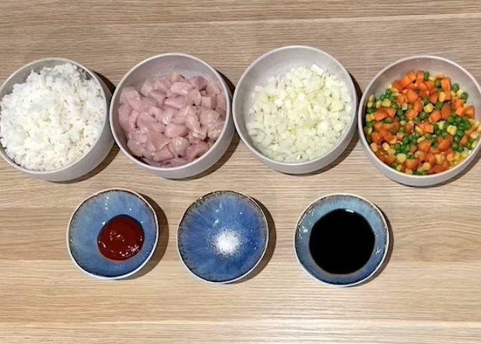 Omurice Japanese fried rice ingredients in various bowls