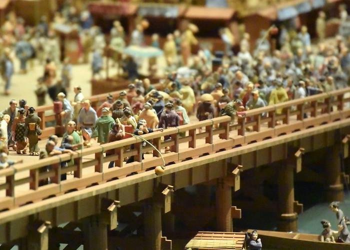 Close up of model Edo at Edo-Tokyo Museum with many tiny figurines walking around