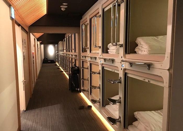 Inside of Tokyo Capsule Hotel with pods stacked