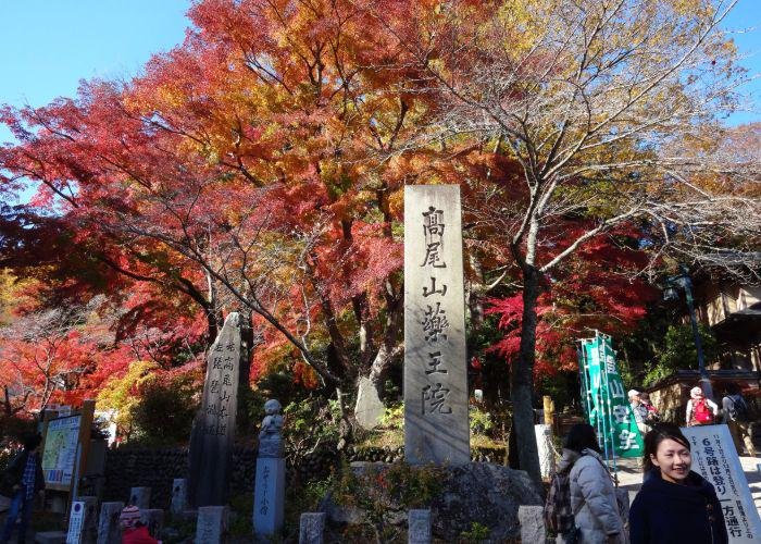 The stone sign at the summit of Mt Takao, surrounded by fall foliage