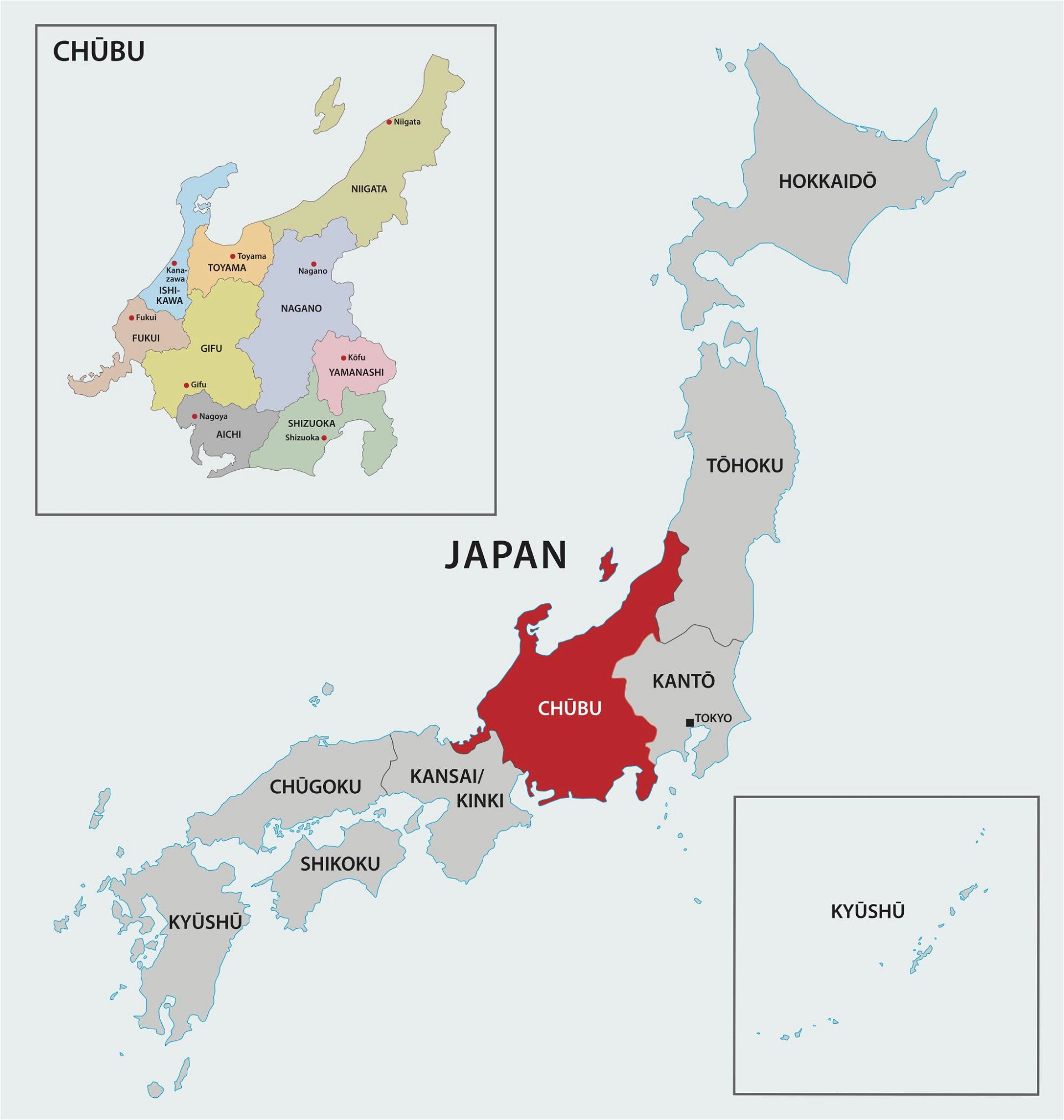 Map of Chubu region, Japan, including prefectures