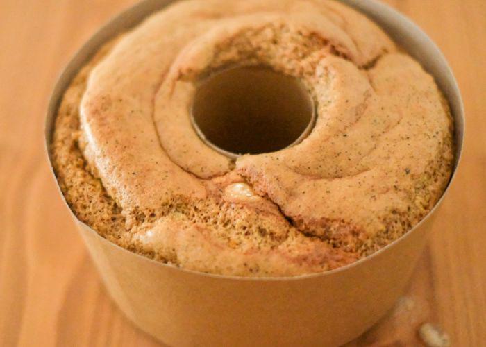 Baked mochi cake in a chiffon cake pan