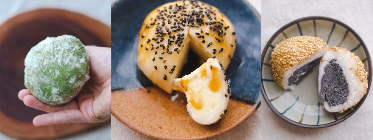 Assorted oriental desserts with unique textures and fillings on plates