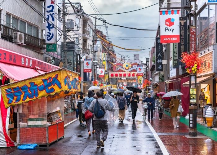 Sugamo's Jizo Dori Shopping Street on a rainy day