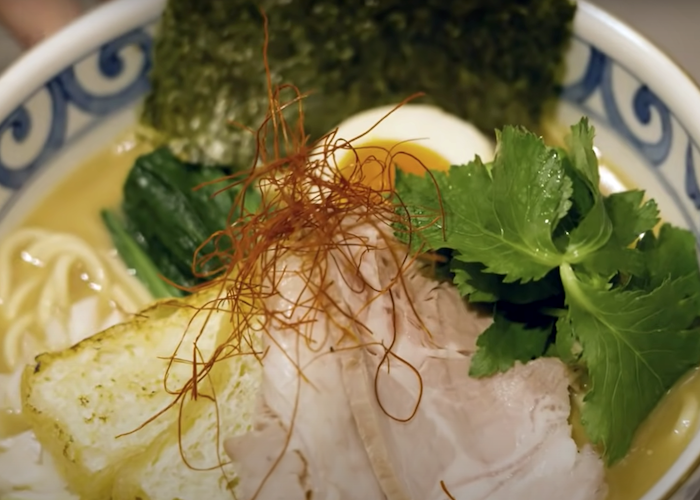 Sake lees ramen with noodles, chashu, mitsuba, togarashi and more from Kazami in Ginza