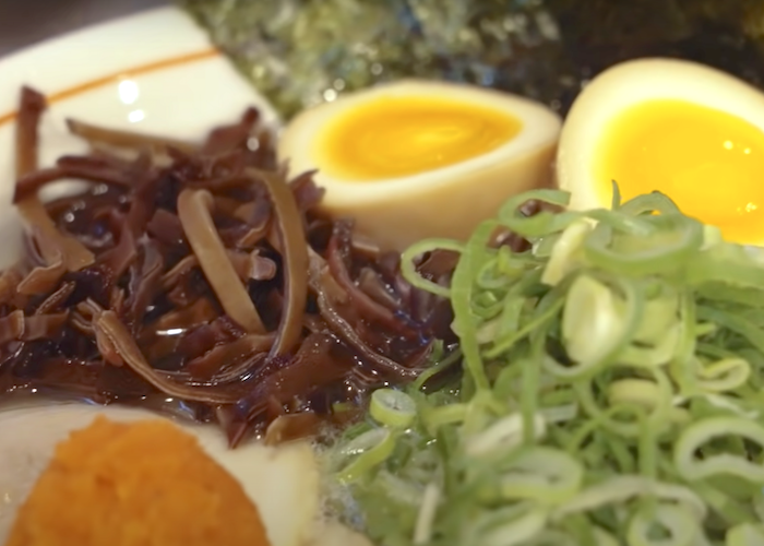 Fukuoka Style Namahama Tonkotsu ramen with egg, wakame, negi shallots