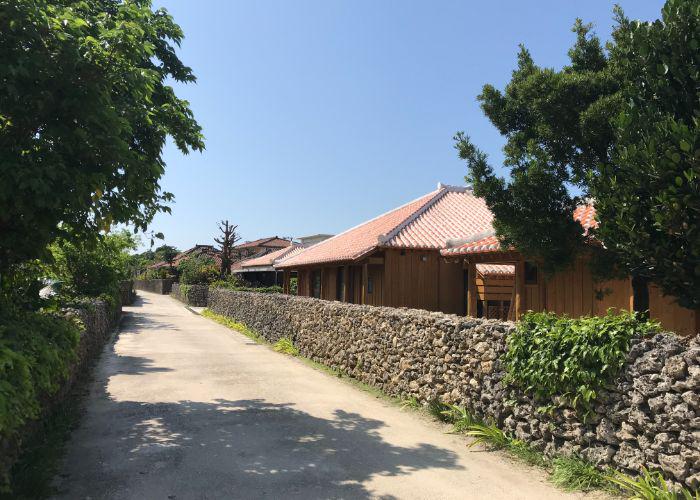 A street on Taketomi Island with a low stone wall and traditional Ryukyu house with a red tiled roof behind it