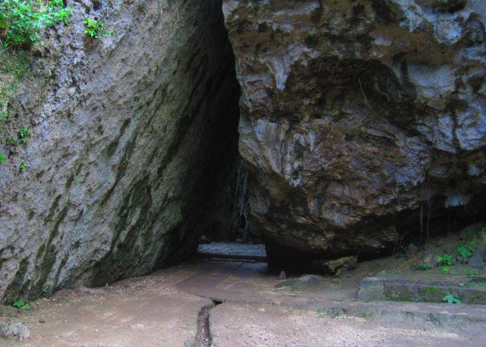 A rock formation at Sefa Utaki where two slabs of rock form a triangular passage