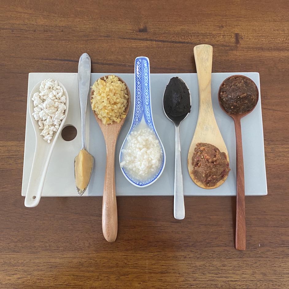 Spoons in a row, each covered in a different type of miso.