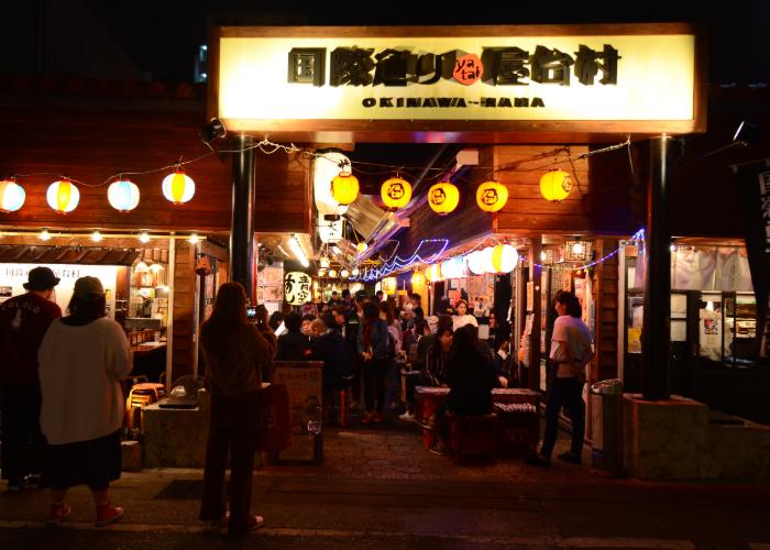 Japanese street food stalls at Yataimura in Kokusai Dori, Naha