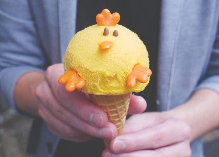 Mango gelato shaped into a design resembling a yellow chicken