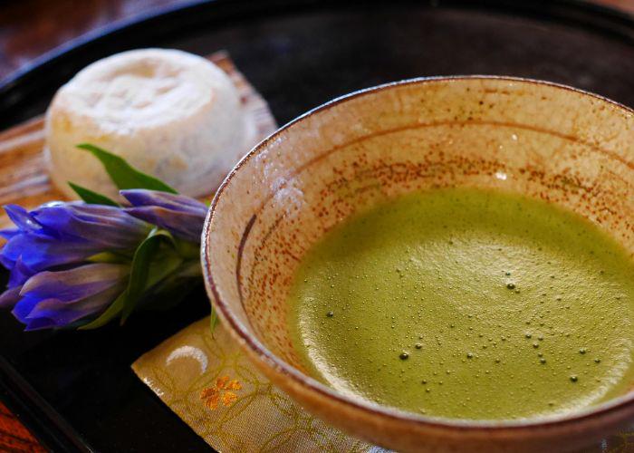 A frothy bowl of green matcha in the foreground, with a white sweet in the background a blue flower between them