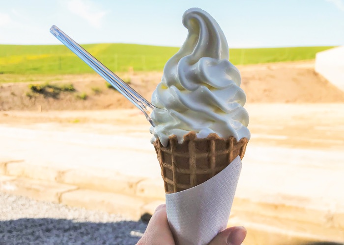 An ice cream cone with milk-flavoured ice cream and a spoon sticking out of it.