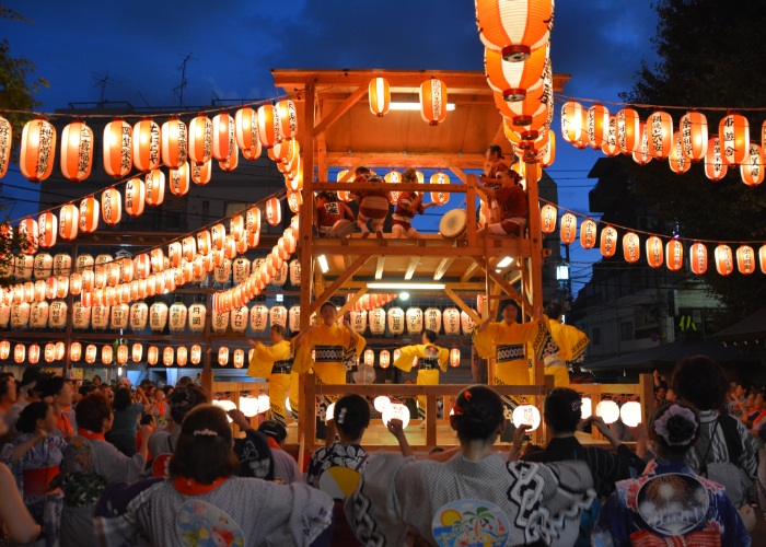 Obon festival float with lanterns
