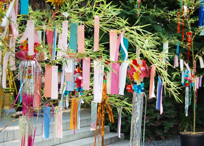 Tanabata Decorations Hanging from Bamboo