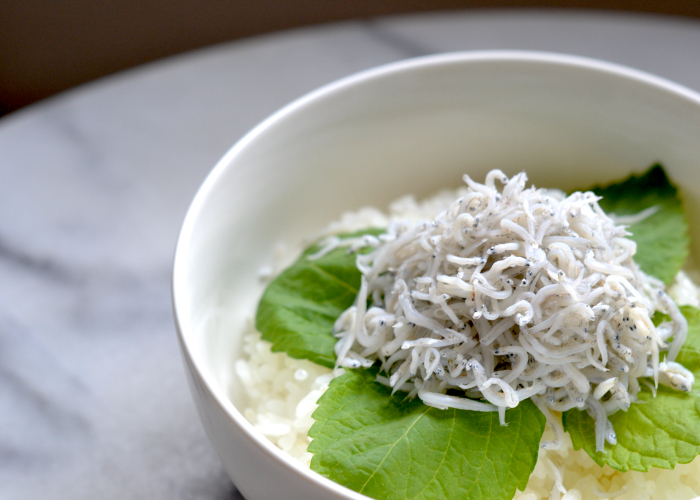 Shirasudon, a bowl of rice topped with shiso leaves and shirasu